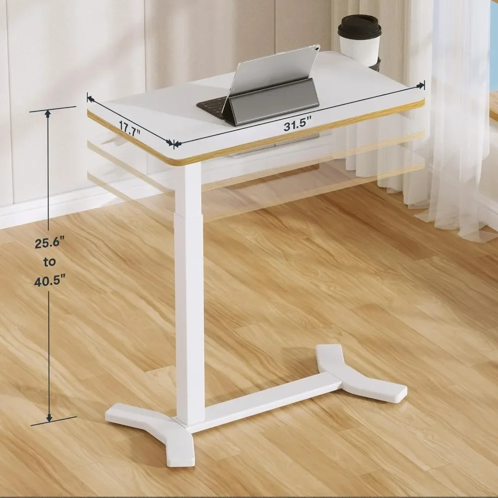 Medical Adjustable Overbed Bedside Table with Hidden Casters, Pneumatic Mobile Laptop Computer Standing Desk Cart with Tray