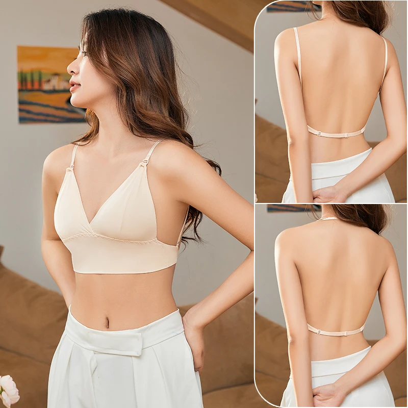 Invisible Push Up Bra Backless Sexy Women Bras Low Cut Plunge Brassiere Open Back Wedding Underwear Seamless Deep U Lingerie