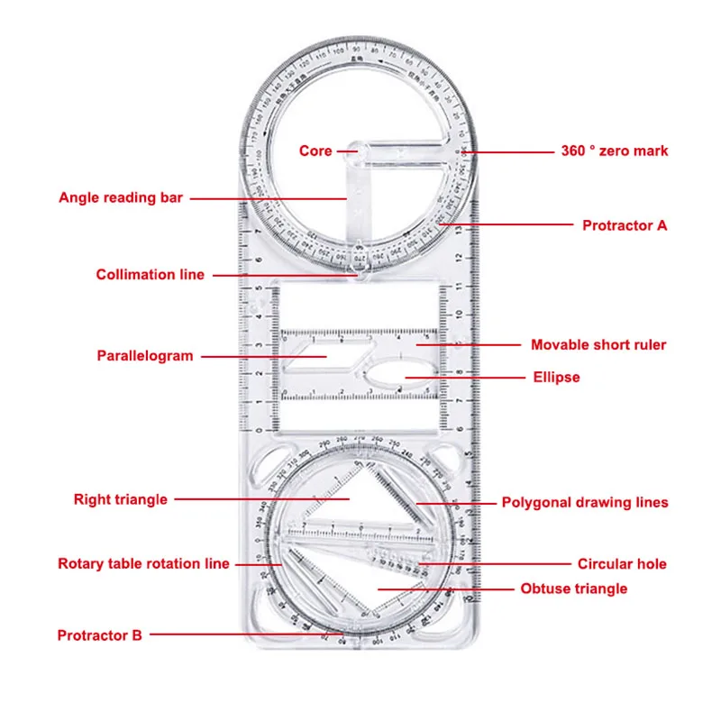 1PCS Multi functional 360 ° movable geometric drawing ruler for primary school mathematics students Portable transparent 3D flat