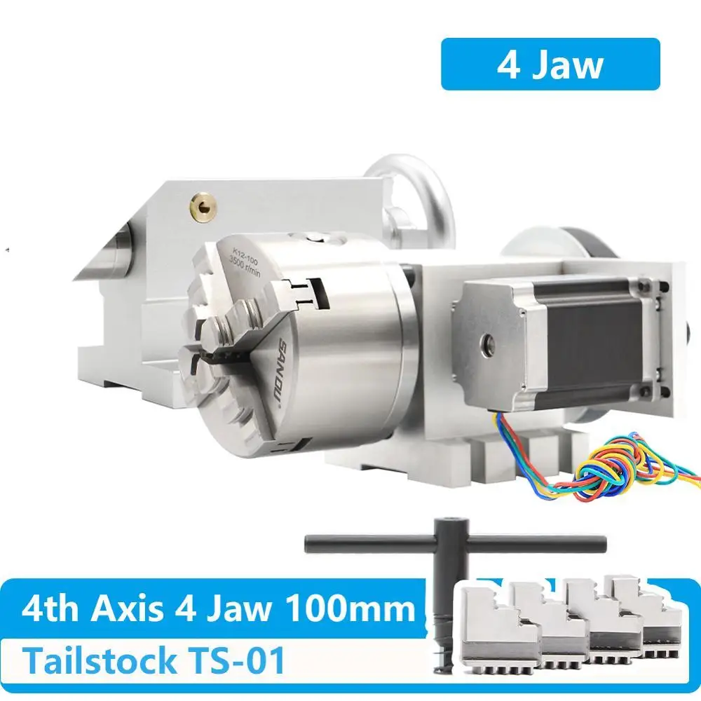 4 Jaw 100mm  4th Axis+Tailstock CNC dividing head Rotation Axis/ A axis kit  for Mini CNC router/engraver wood working engraving