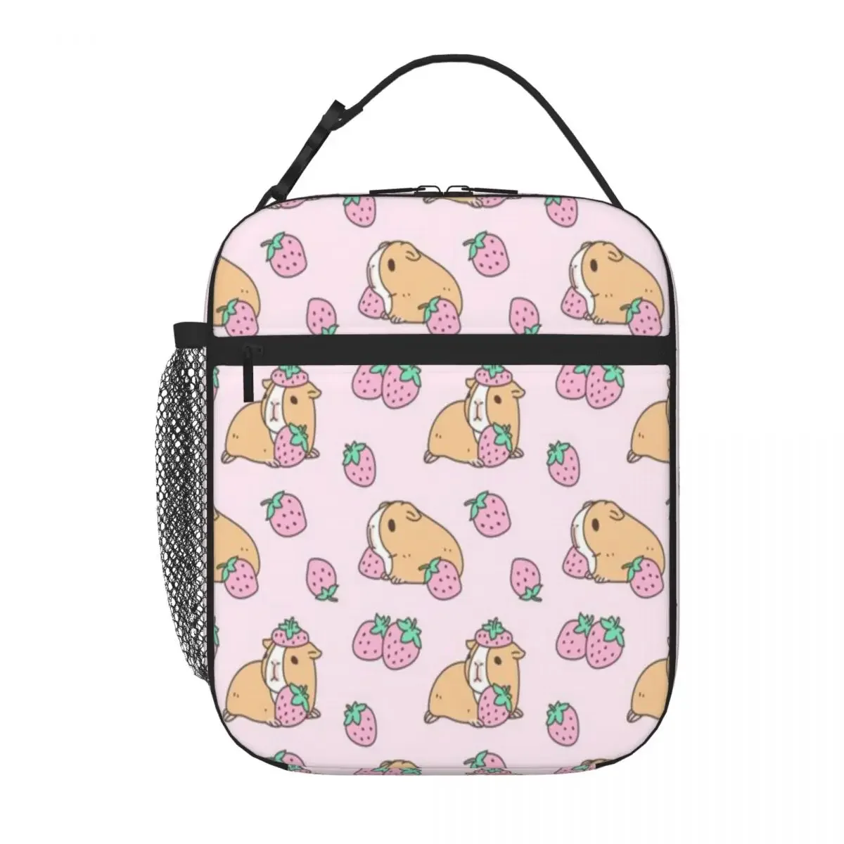 Bestselling Pink Guinea Pig And Strawberry Pattern Solid Color Foldable Lunch Bag Middle School Carry Lunch Bag