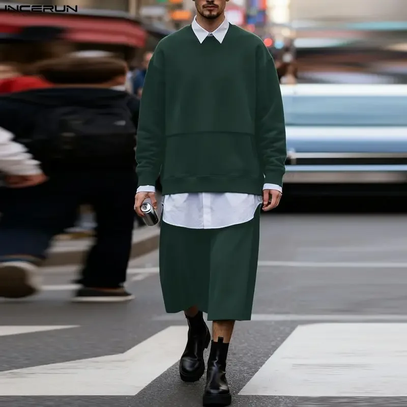 

INCERUN Men Sets Solid Color O-neck Long Sleeve Hoodies & Calf-length Pants Two Pieces Sets Streetwear Loose Fashion Men's Suits