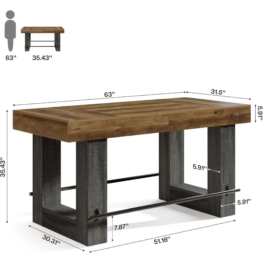 63-Inch Bar Height Table, Large Wooden High Top Pub Table with Metal Footrest, Industrial Rectangular Counter Height Kitchen Is