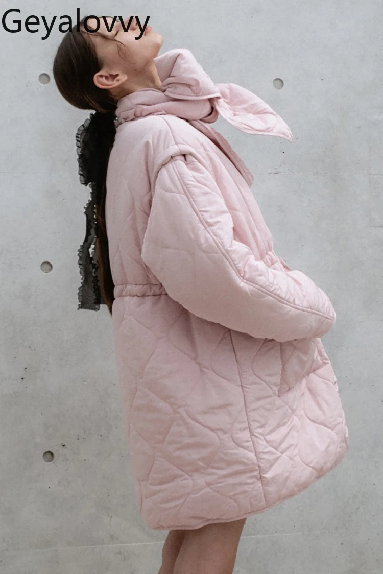 

Japanese Style Sweet Detachable Sleeves Mid-Length Cotton Jacket Winter New Versatile Waist-Cinching Outerwear Coat with Scarf