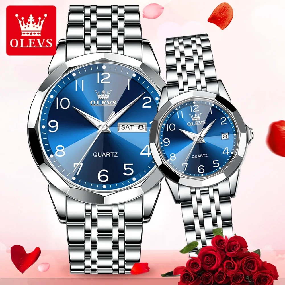 OLEVS 9970 New Luxury Quartz Couple Watches For Men Women Number Dial Rhombus Mirror Hand Clock Stainless Steel Original Watches