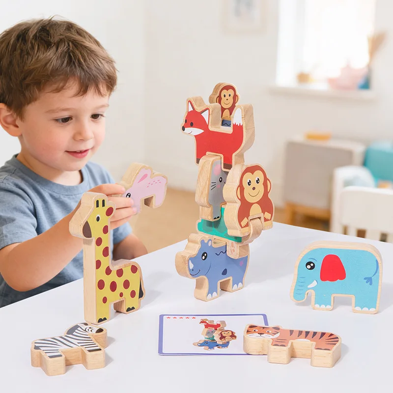 Wooden Animal Stacking Blocks Balance Game Montessori Early Learning Toys Kids Balance Sensory Training Fine Motor Training Toys view 3