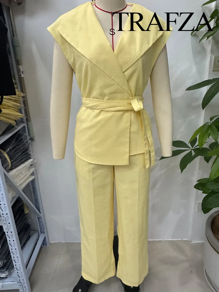 

TRAFZA Women Fashion Temperament Turn-Down Collar Bow Lace-Up Linen Blended Vest+High Waist Zipper Pocket Casual Long Pants Suit