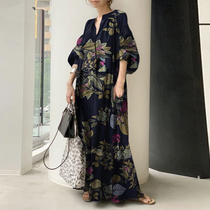 2024 new ladies fashion Chinese style printing V-neck simple cotton hemp loose leisure home long large size dress