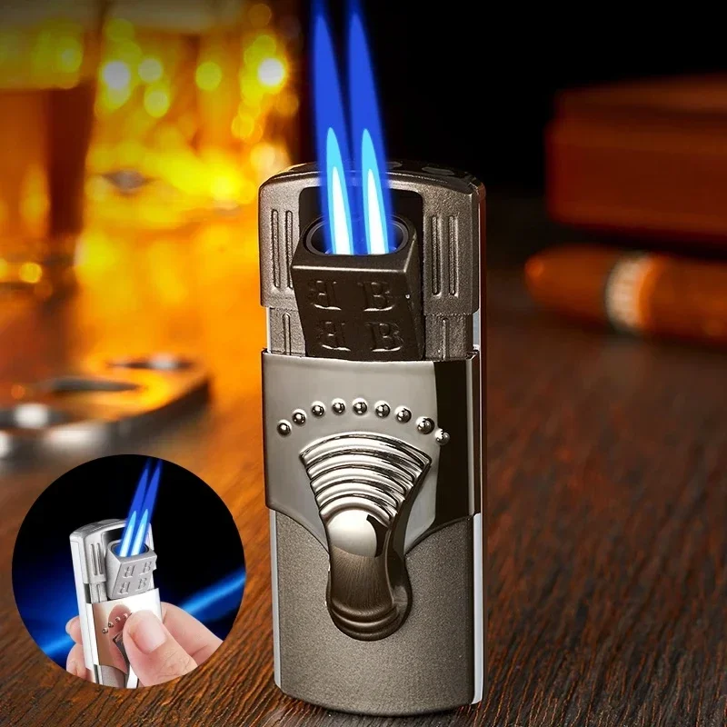 Metal 2-Jet Torch Inflatable Lighter with Hidden Ignition Mouth Windproof Lighter for Special Cigar Lighter Heavy Duty Spitfire