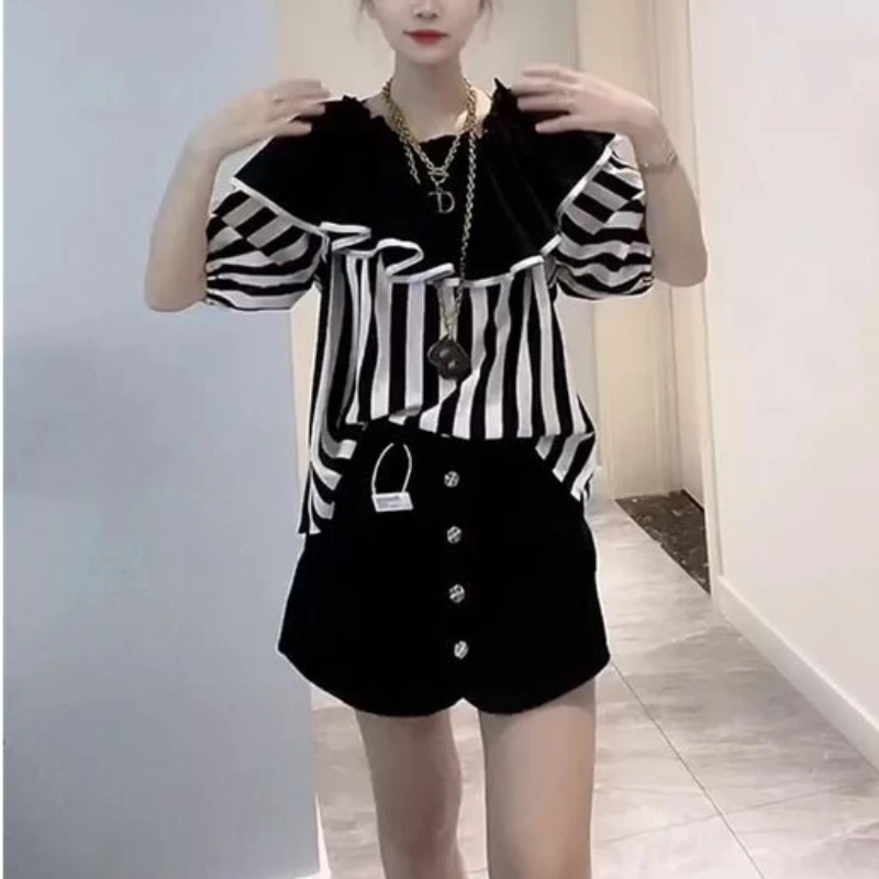 2024 New Summer Young Style Simple Loose Fitting Pullover Short Sleeved Ruffled Neck Striped Color Blocking Women's Shirt Top