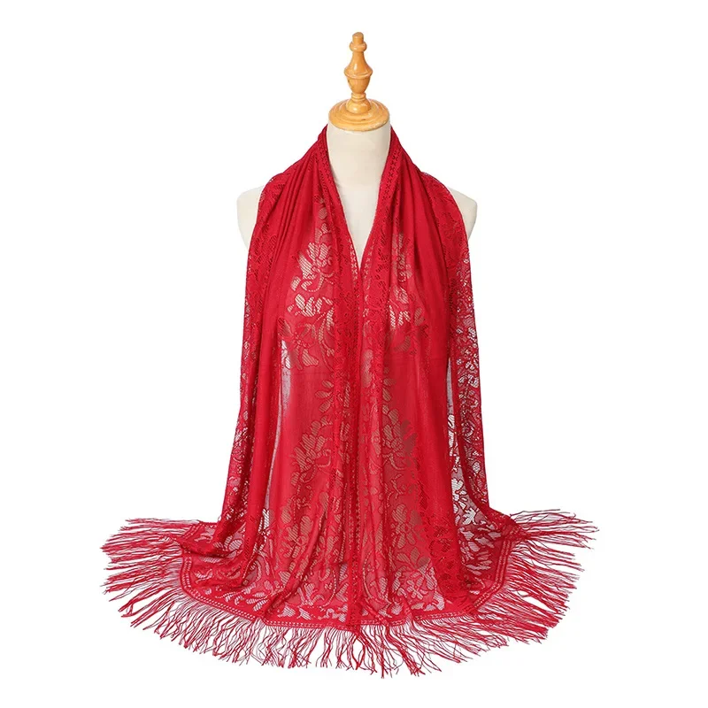 Hollow-Out Fringed Silk Scarf for Muslim Women's Hijab