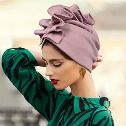 2023 New Ruffled Flower Turban Caps for Women African Cap Female Head Wraps Elastic Solid Color Turban Bonnet Muslim Indain Hat