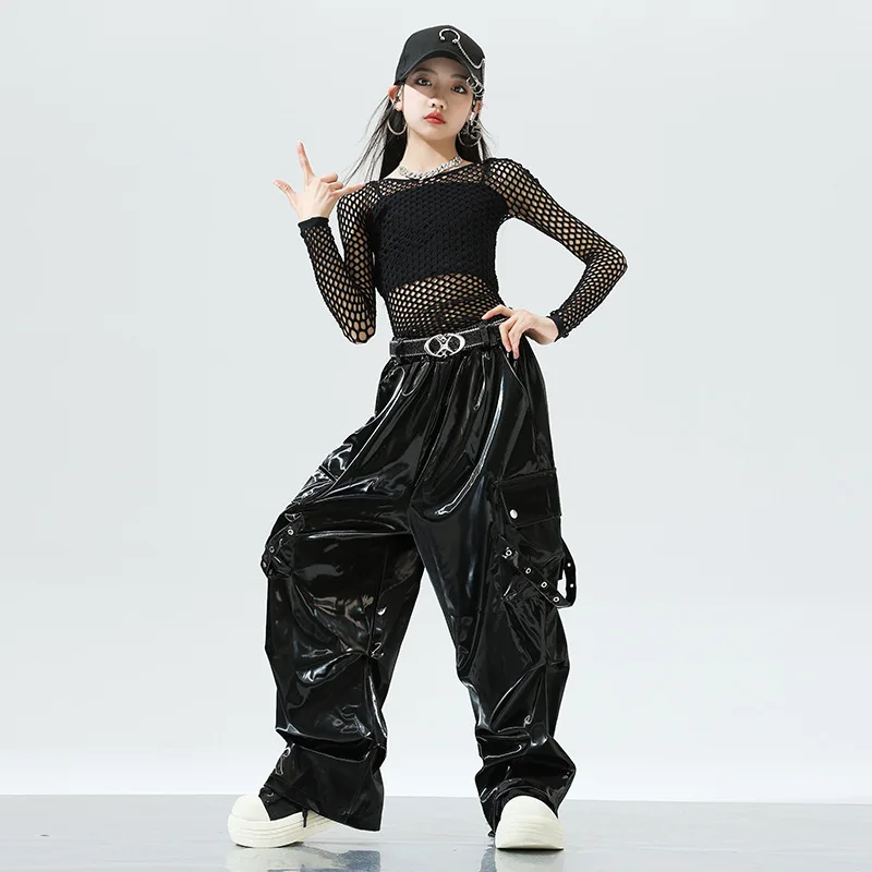 أطفال بنات ملابس رقص الجاز الأسود صافي قمم السراويل الجلدية الاطفال الهيب هوب أداء الملابس Kpop الحديثة مرحلة الرقص ارتداء