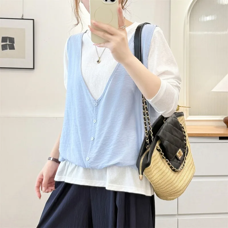 Women Fake Two Piece Long Sleeve T Shirt Early Autumn Color Block Loose Top Hide Belly
