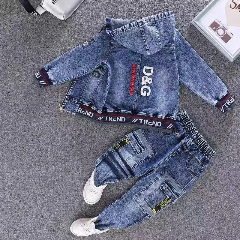 

2025 New Children's Denim Set Spring and Autumn Korean Edition Boys' Casual Hooded Zipper Jacket+Jeans Two-piece Set 90-140CM