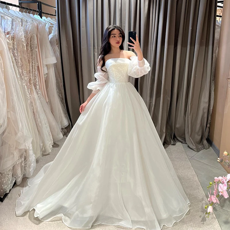 

Eightree Elegant White Wedding Dresses 2023 Puff Sleeve Sequines Evening Dress Boho Beach A-Line Wedding Prom Gowns Custom Size