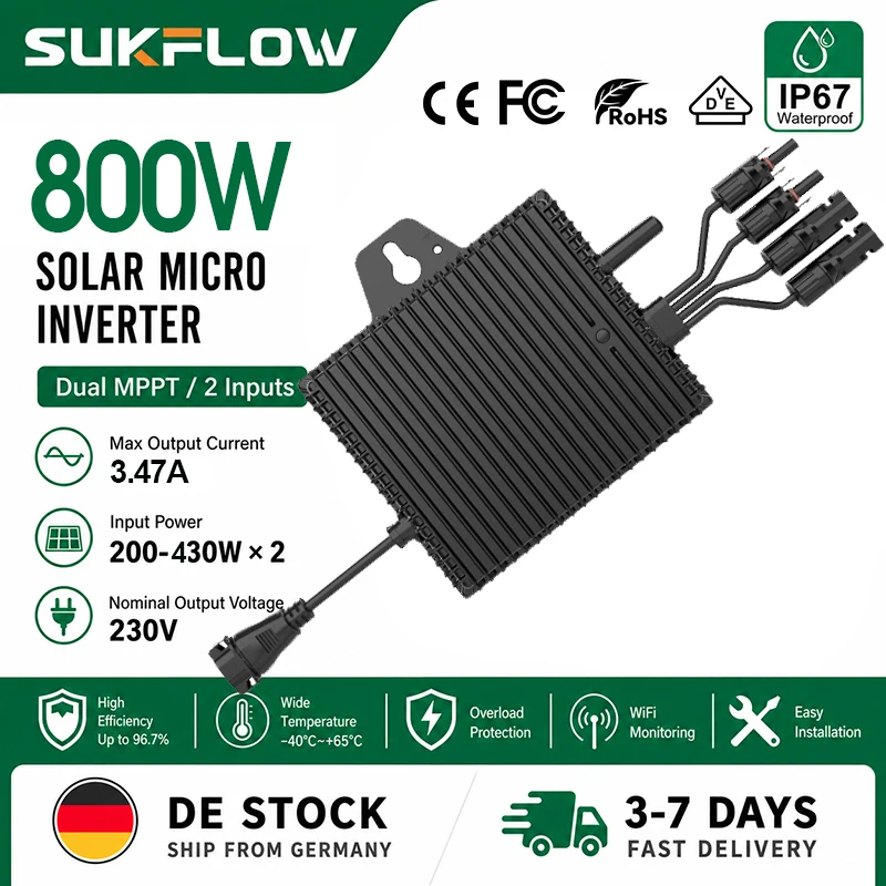 800W Solar-Mikrowechselrichter für Netzeinspeisung, 2 MPPT, VDE4105, WLAN-Überwachung, IP67 wasserdicht, für Balkon-PV-Systeme