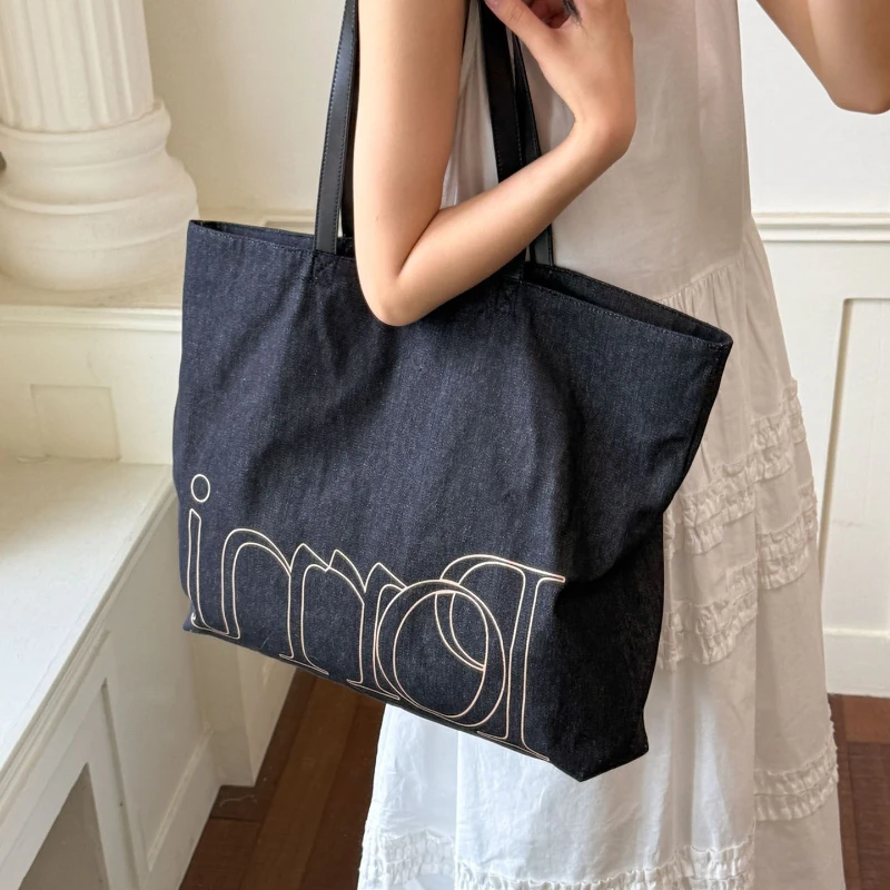 Retro Washed Denim Canvas Bag, Simple Letter Printing Can Be Installed Pack Computer Travel Versatile One Shoulder Tote Bags