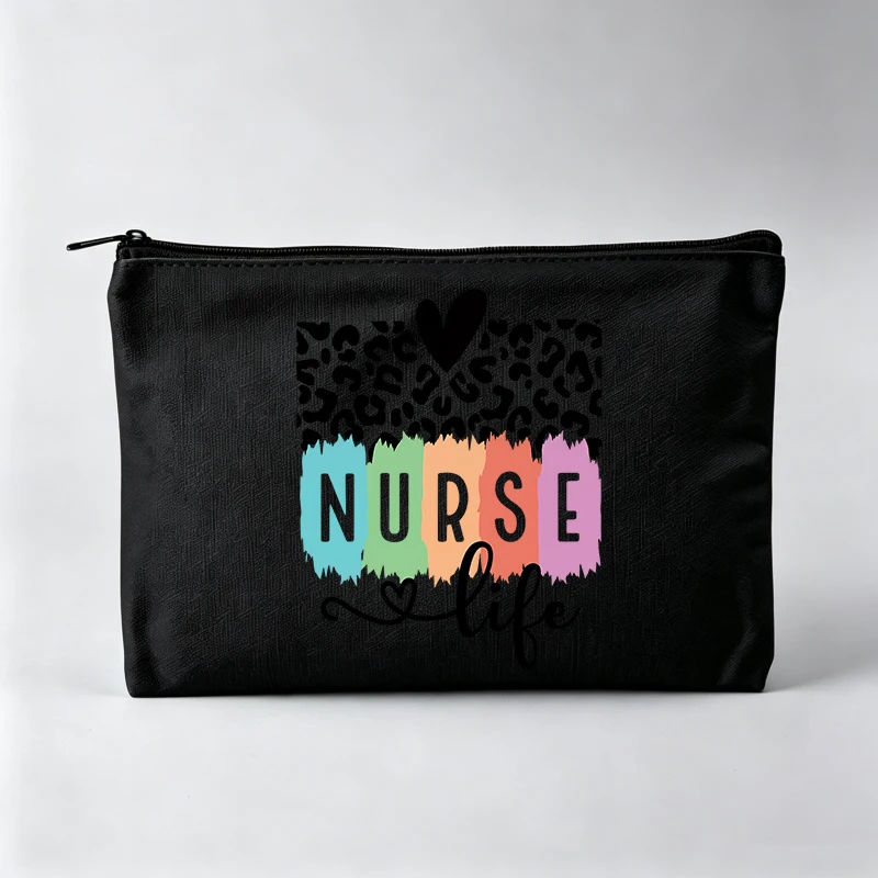 Women's Leopard Print Nurse Life Letter Print Makeup Bag, Casual Cosmetic Pouch for Daily Use