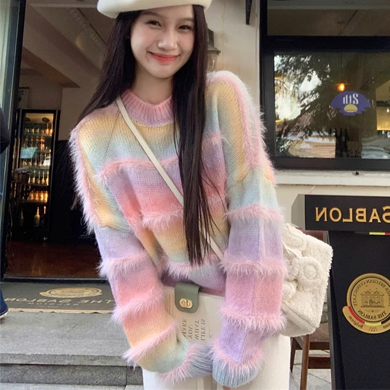 Pink Gradient Rainbow Plush Striped Sweaters Sweet Tassel Knitted Jumper Women Korean Fashion Long Sleeve Pullover Loose Casual