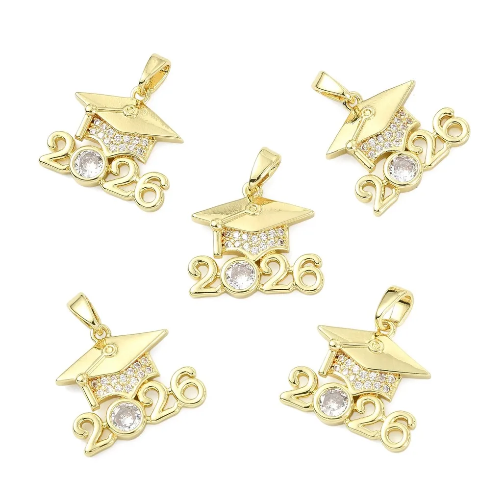 5Pcs 2026 Graduation Cap Charms Brass Cubic Zirconia Pendants 18K Gold Plated For Jewelry Making DIY Bracelet Accessories
