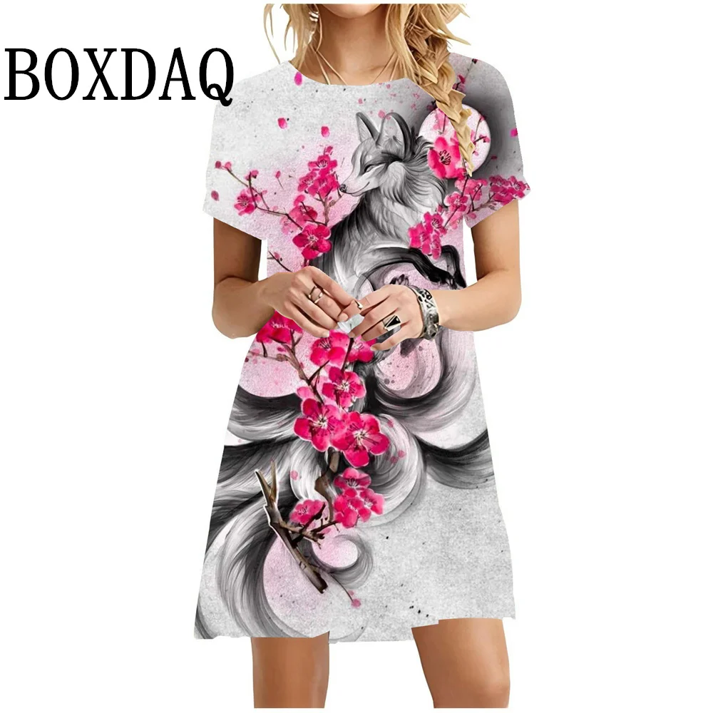 2024 Summer Painting Fox Print Dress Women Streetwear Art Fashison Short Sleeve Mini Dress Sundress Casual A-Line Loose Dresses