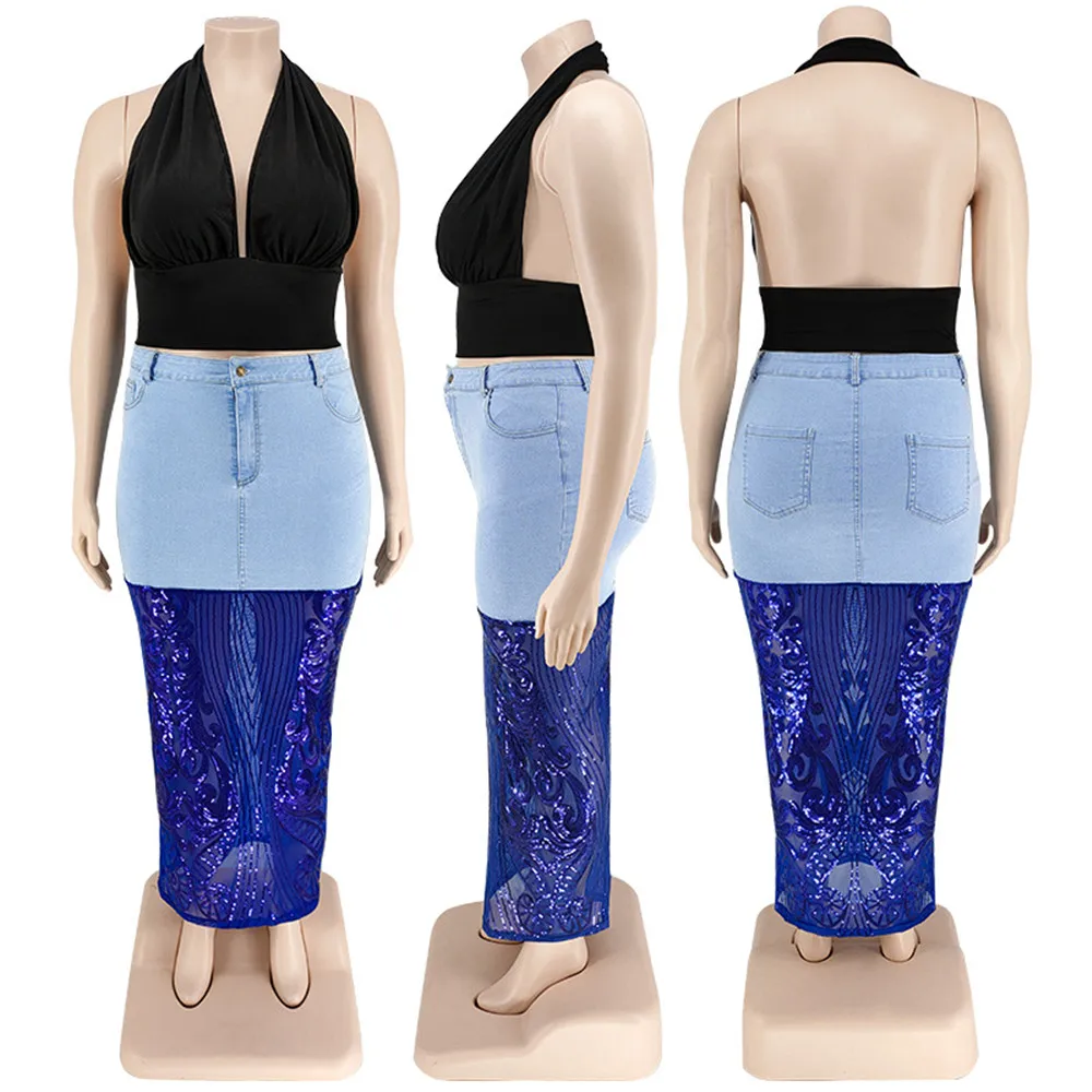 Wmstar Plus Size Only Skirts Women's Clothing Denim Maxi with Mesh Patchwork Sexy Medium Stretch Skirt Wholesale Dropshipping