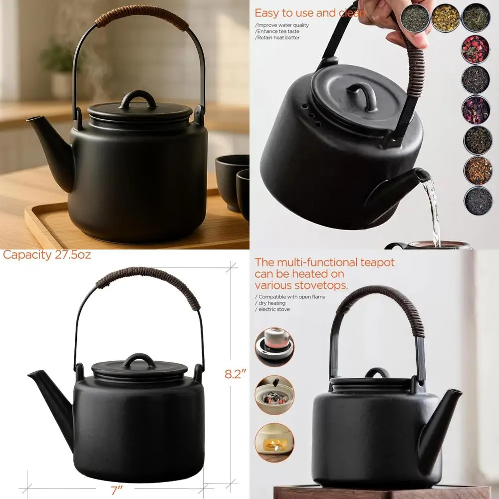 

Керамический чайник с безопасной ручкой холодного прикосновения — емкость 27 унций — с ручной глазурью — идеально подходит для кипячения воды и различных напитков.