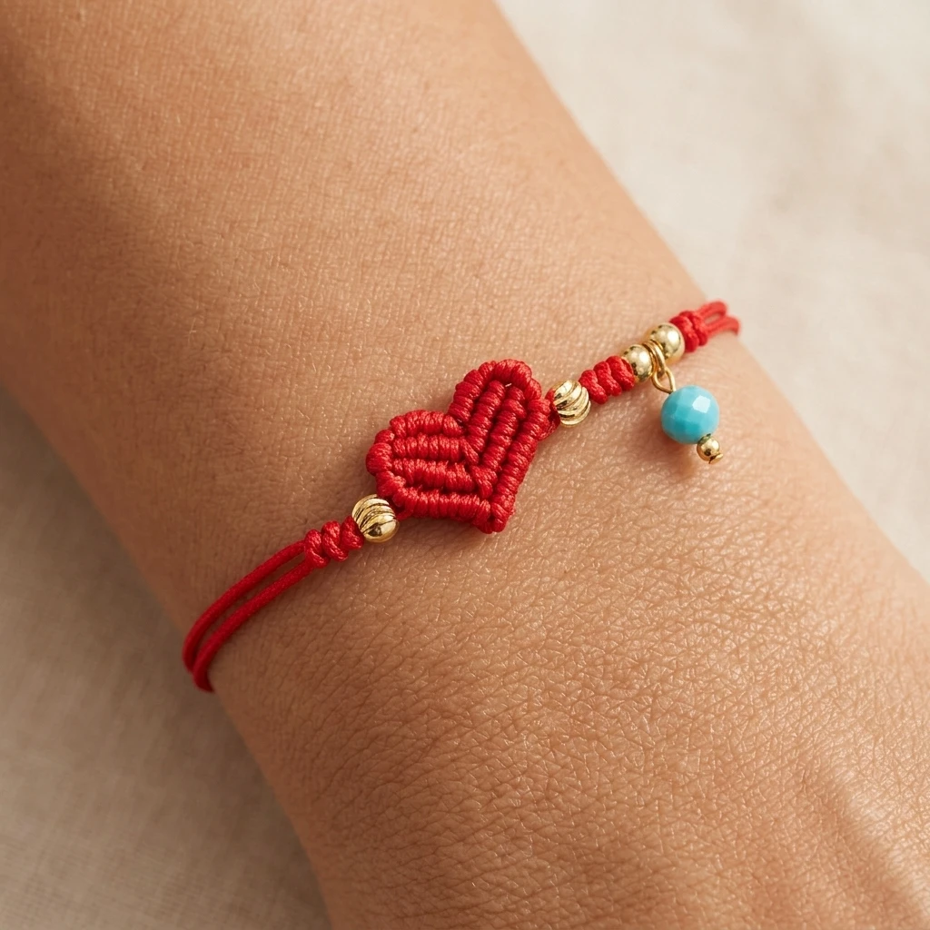 1pc Red Cotton Cord Heart Charm Bracelet with Copper Beads Tie Closure Sweet Romantic Braided Style for Women Gift for Her