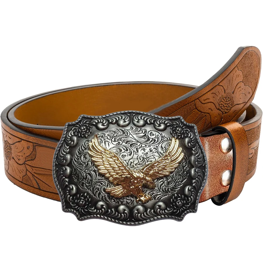 1pc Men's Western Style Belt with Small Eagle Patterns, Carved Floral Patterns and Long Horn Decorations, Retro Style, Perfect F