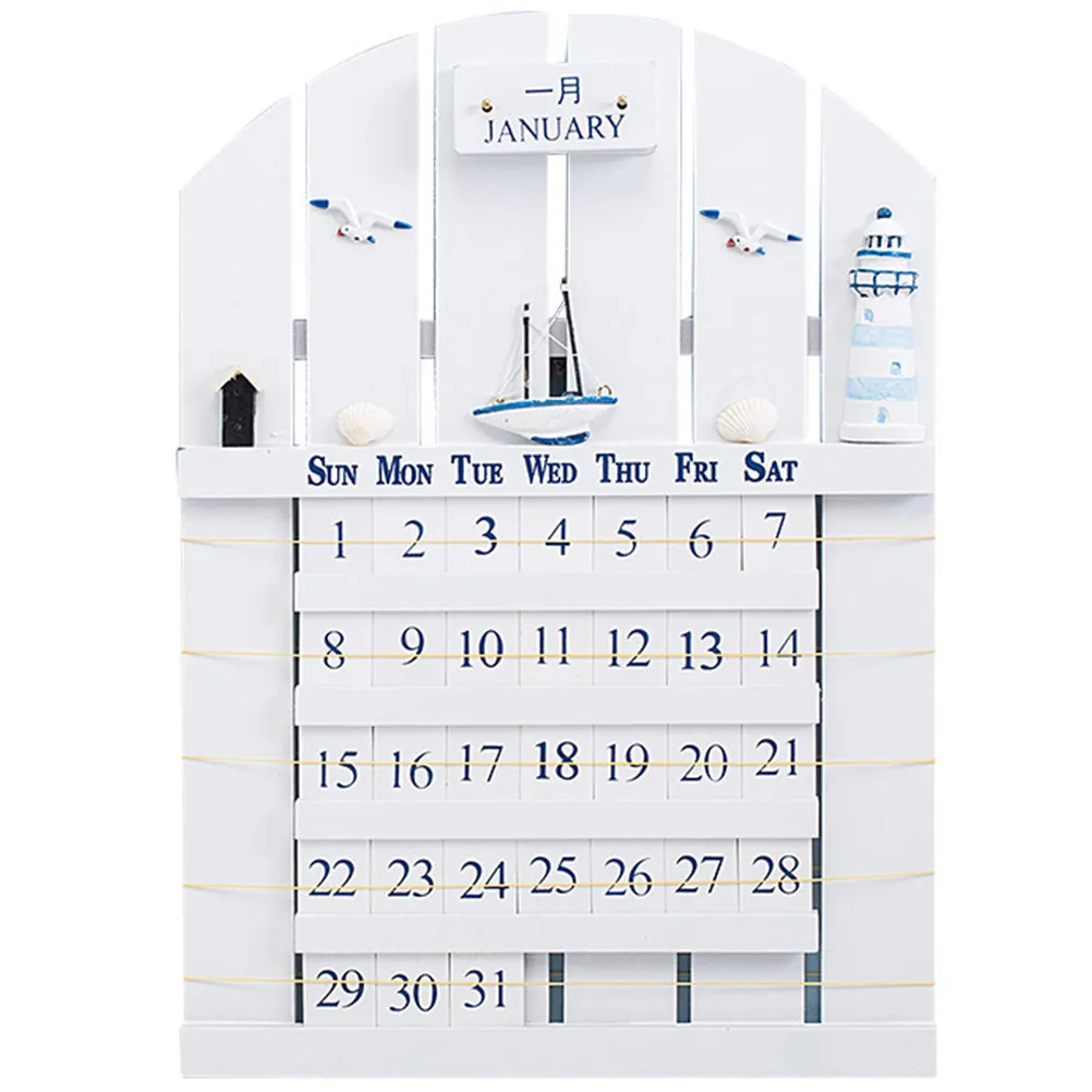 1Pcs Creative Wooden Perpetual Wall Calendar Mediterranean Theme Thick Wood Board Stylish Home Office Study Bedroom Decoration