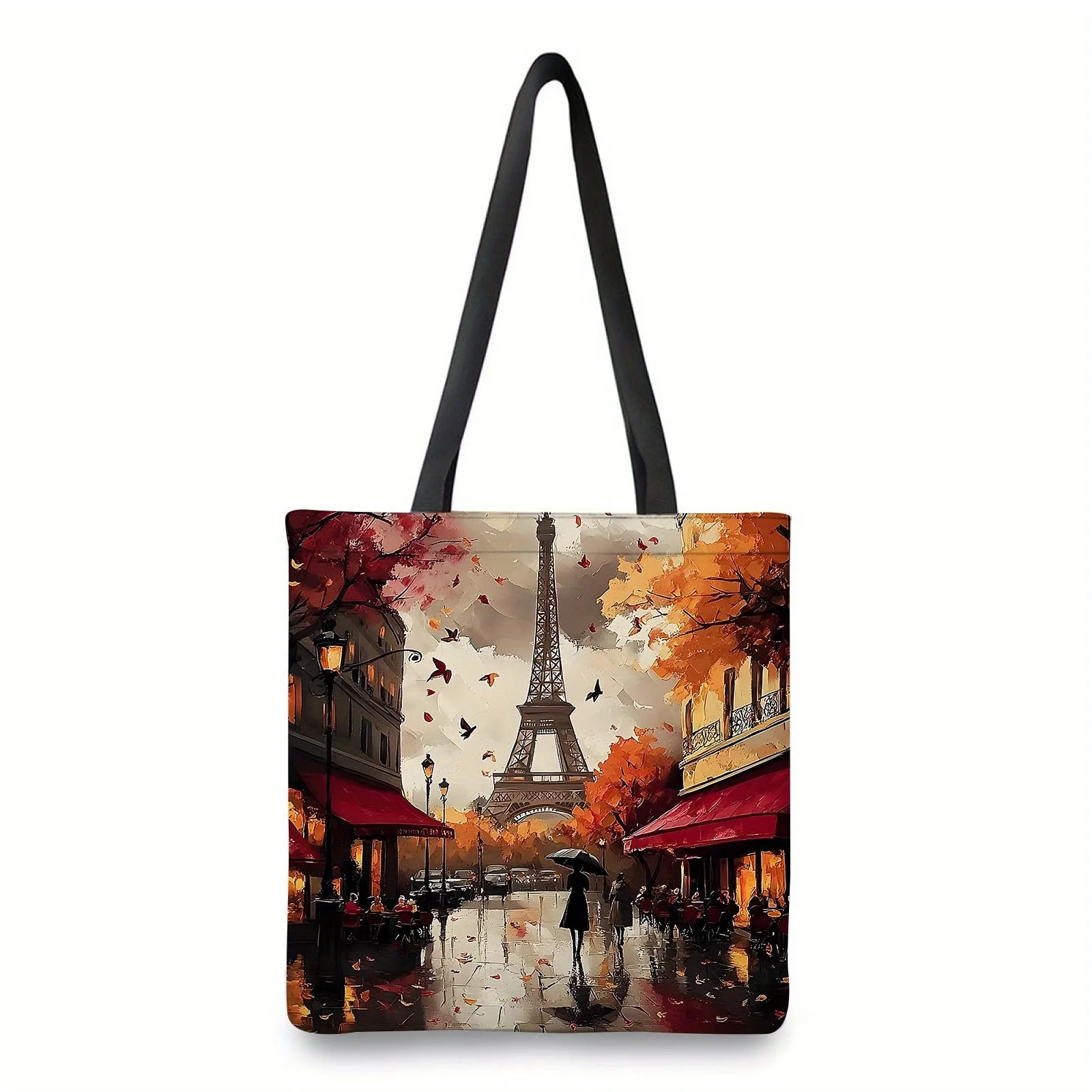 1pc Tote Bag with 2D Flat Effect, Vintage Elegant Paris Eiffel Tower Autumn Street Scene Oil Painting Pattern Tote Bag, New Larg