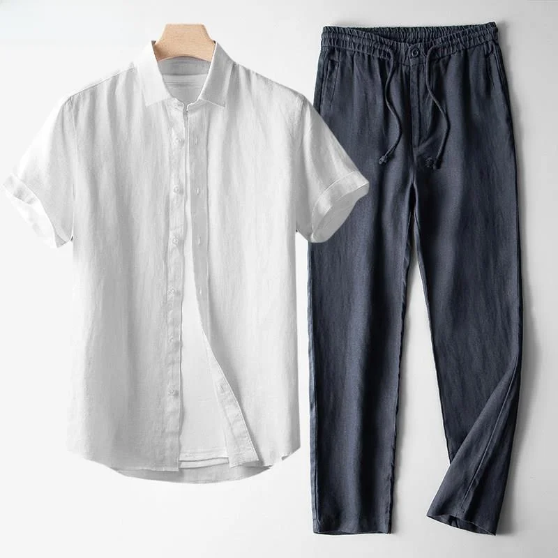Loose Fit Linen Long Sleeve Casual Shirt Men's Summer Thin Breathable Youth Fashion City Walk Linen Material Pants Set