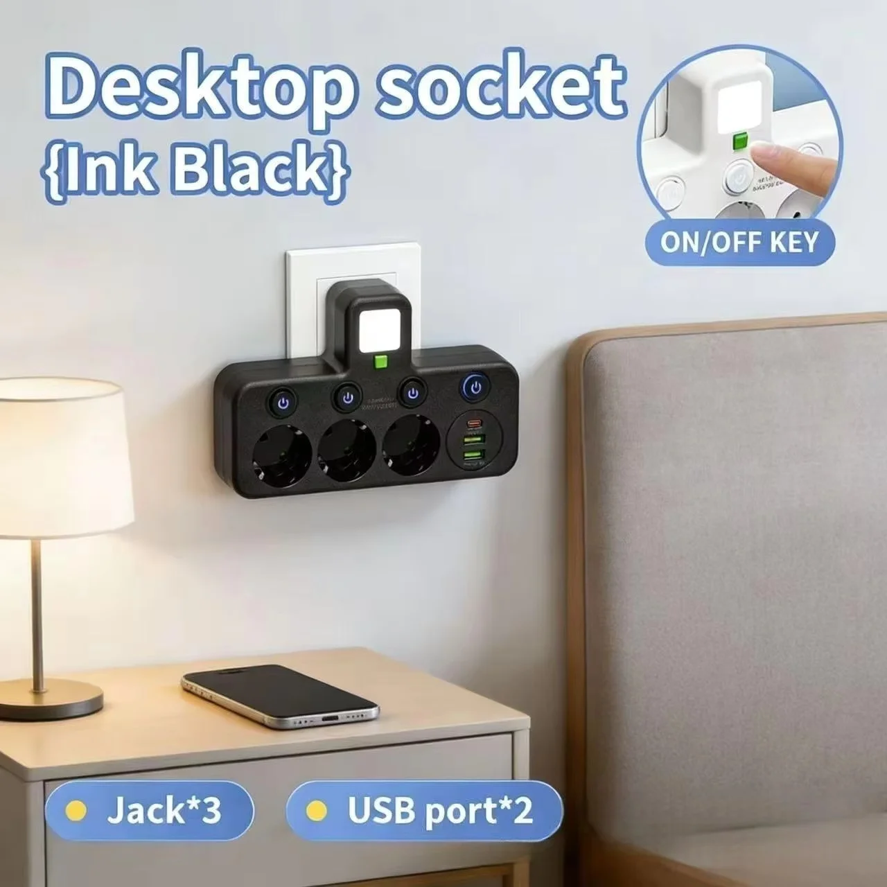 EU Plug Socket 4/3 Sockets Power Strip With 2 USB 2 Type-C Port with Night Light Wall Charger Adapter For Home Offices view 3
