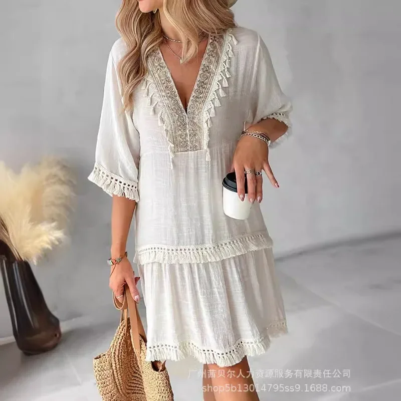 2024 Spring Summer New Women's Clothing Solid Color Embroidered V-neck Half Sleeve Casual Skirt