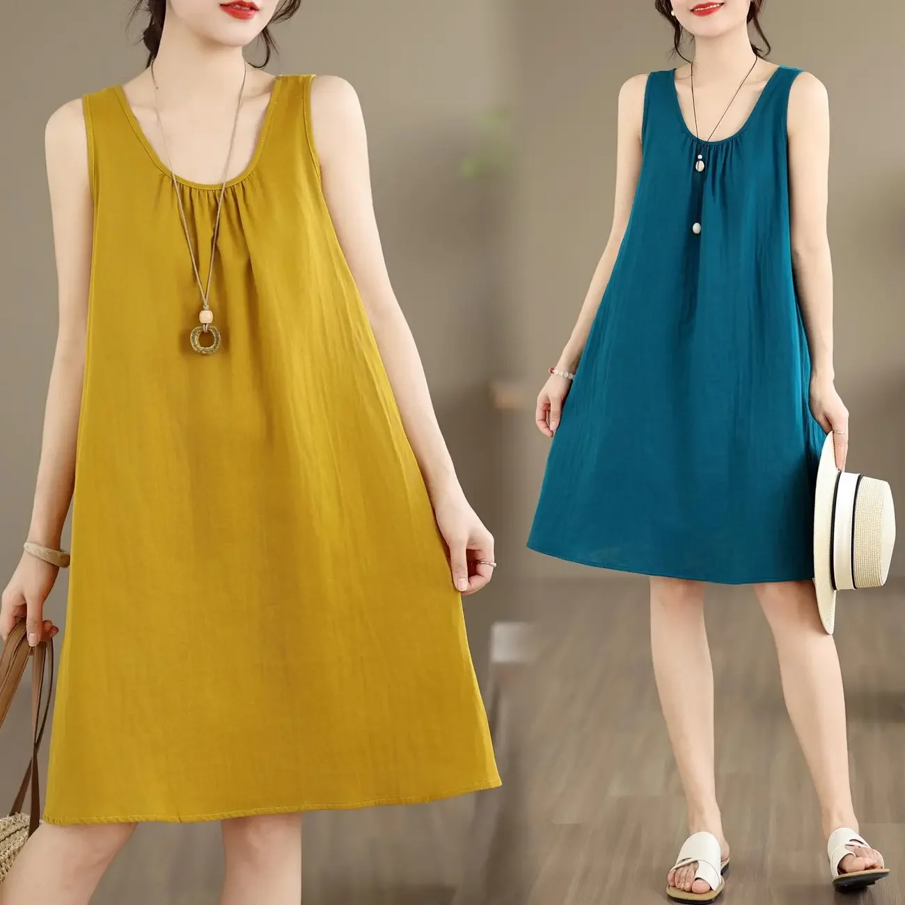 Women Sleeveless A-Line Loose Dress Solid Color Summer Casual Tank Dress with Button Detail