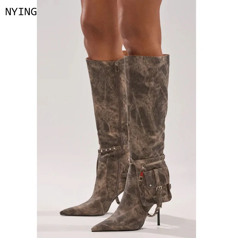 2026 Brown Pocket Rivet Gladiator Knee High Boots Pointy Toe Side Zip Motorcycle Women's Boots Stiletto Heel Boots 44
