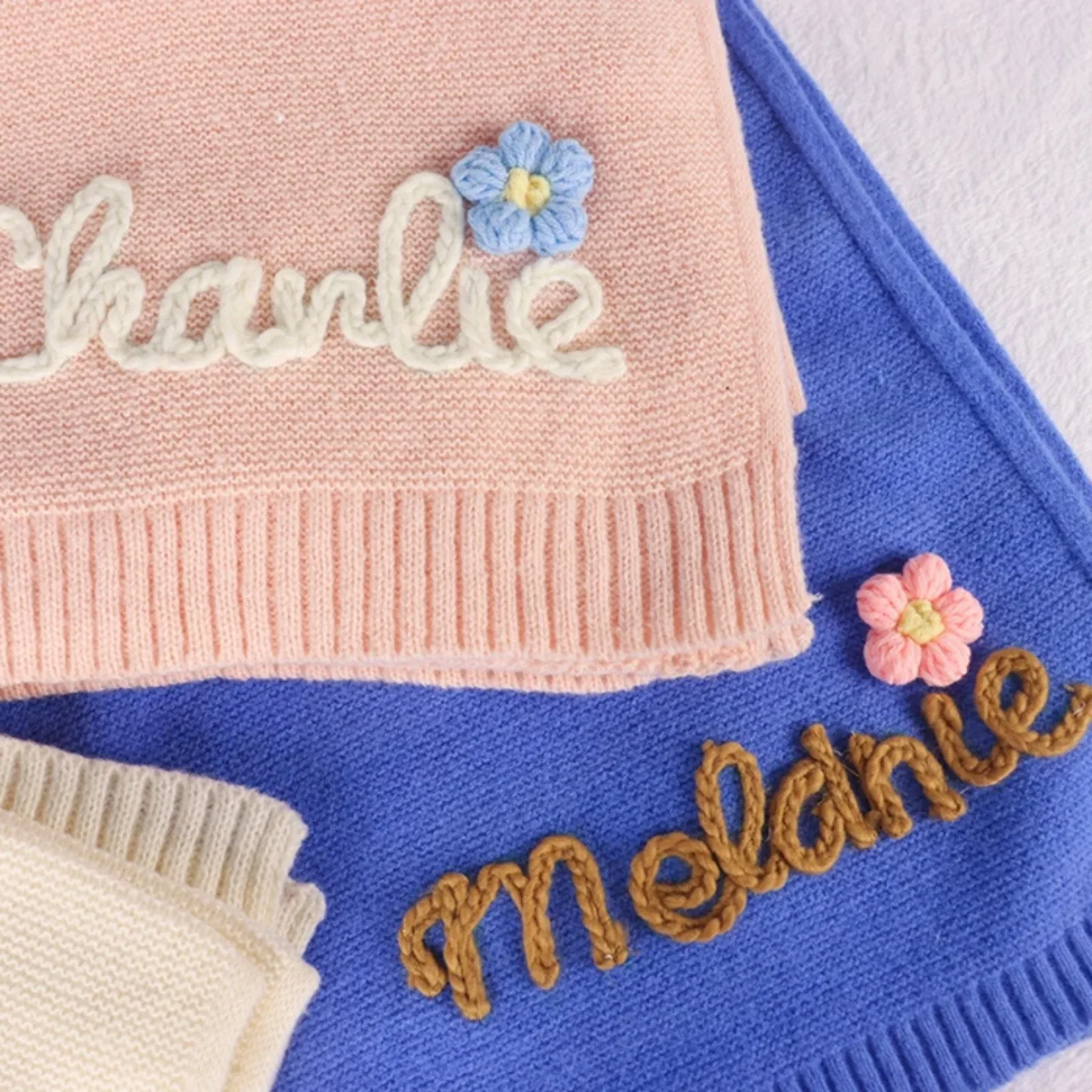 Personalized Embroidered Name Baby Blanket, Stroller Blanket, Newborn Baby Gift, Soft Cotton Knit Blanket, Baby Shower Gift