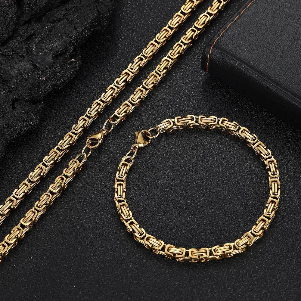 

Punk 4mm Byzantine Bracelet Necklace Gold Silver Color Stainless Steel Chain Set for Men Women Vintage Fashion Jewelry Sets 2025