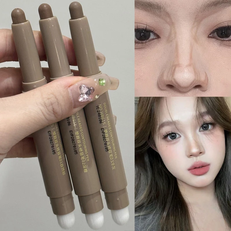 Nose Shadow Bronzer Contouring Makeup Pen 2 in 1 Natural Grey Brown Three-dimensional Face Matte Shadow Cream Contour with Brush