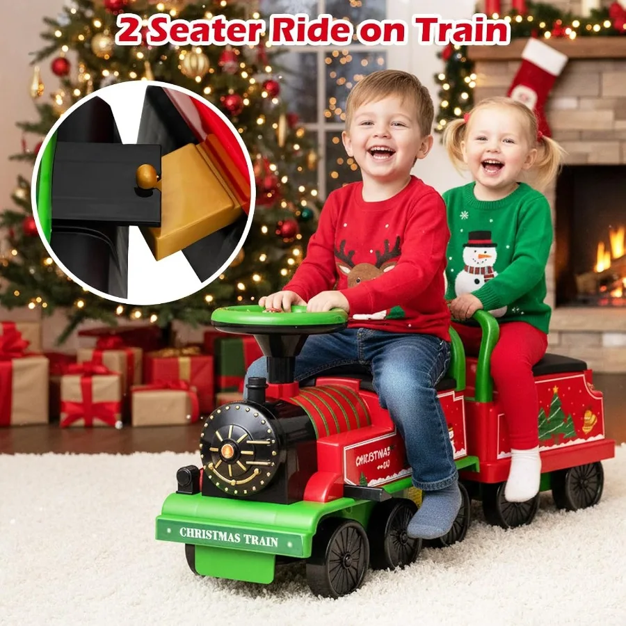 รถไฟของเล่น 6V 2 ที่นั่ง พร้อมห้องโดยสาร ที่เก็บของ นกหวีดรถไฟ เพลง ไฟ สำหรับเด็กอายุ 18 เดือนขึ้นไป (2 ที่นั่ง, คริสต์มาส)