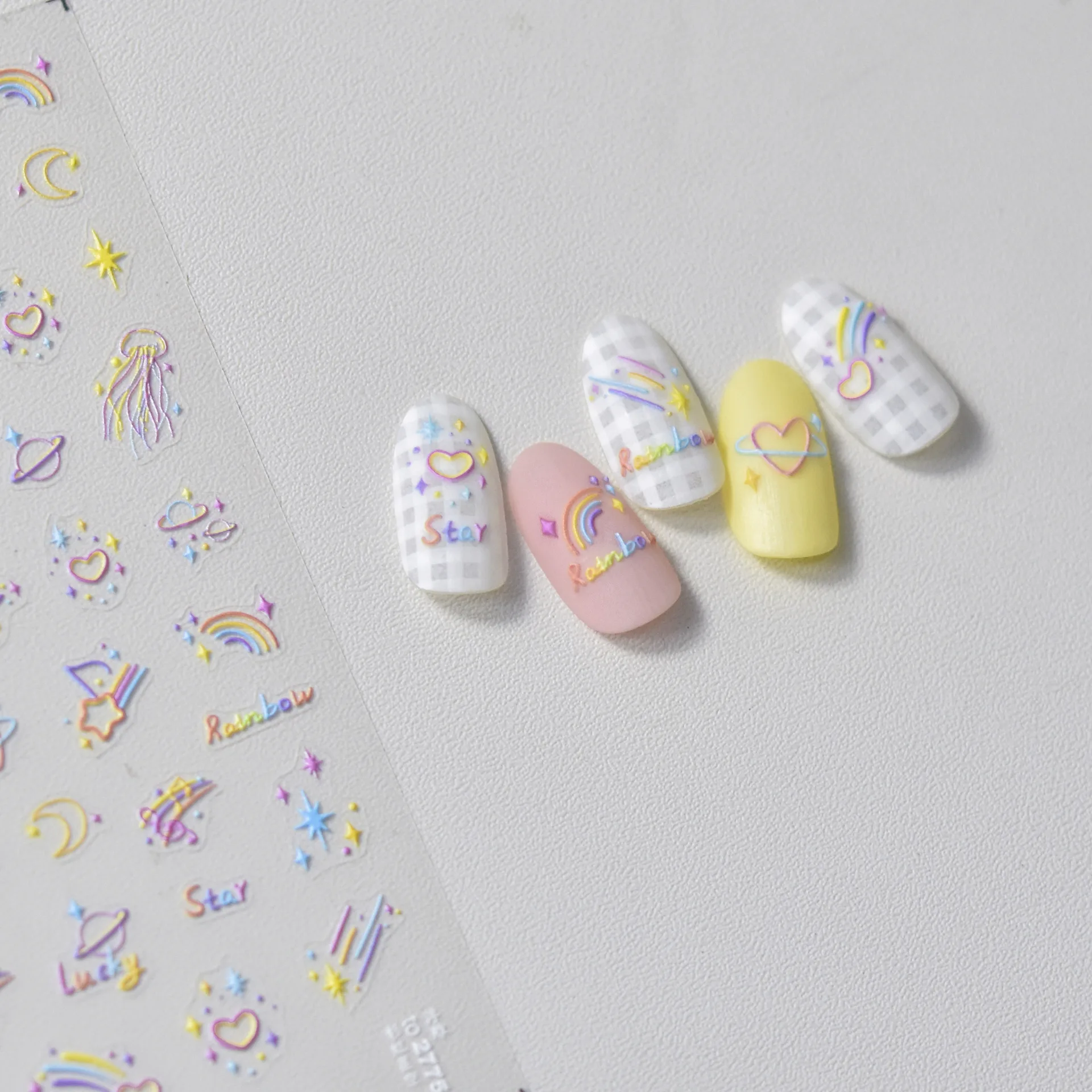 Colorful Doodle Heart Star Moon Rainbow Jellyfish Music Note 5D Embossed Relief Nail Art Sticker 3D Self Adhesive Manicure Decal