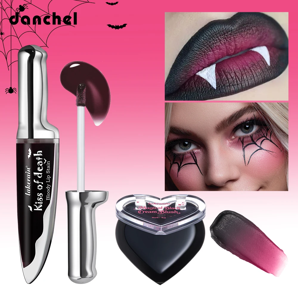 2pcs Lip Stain & Black Cream Blush Kit Waterproof Long Lasting Gothic Cosplay Horror Party Stage Fancy Dress Lip Cheek Cosmetic