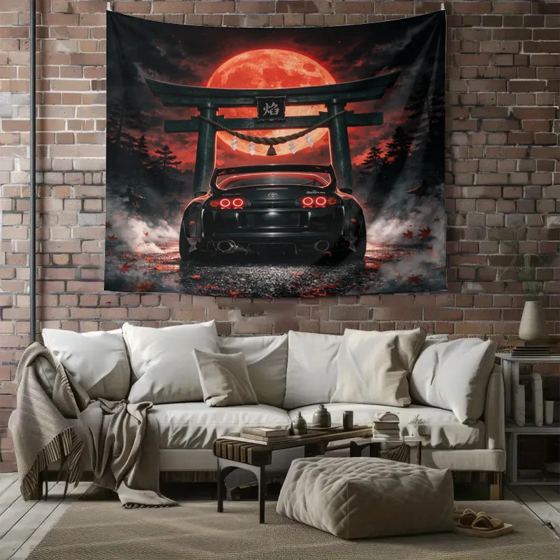 Japanese Torii Gate Moon Car Anime Supra JDM Wall Tapestry Curtain Window Decoration Art Print Home Decor view 6