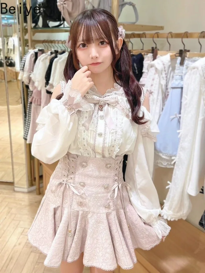 Spring Autumn Girl's Off Shoulder Shirt for Women Long Sleeve Sweet Lace Splicing Blouses Female Japanese Style Lolita Tops