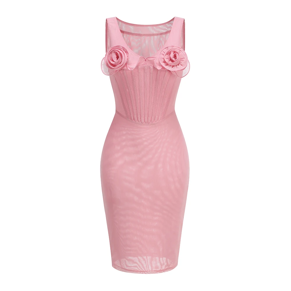 Damska szykowna różowa obcisła sukienka z odkrytymi ramionami gorset gorset kwiatowe ozdoby elegancka i stylowa wysokiej jakości sukienka na imprezę