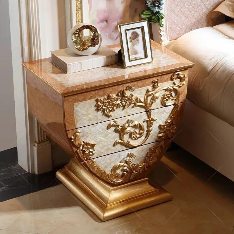 for Home Luxury Furniture Gold Bedside Table Italian Royal Solid Wood Bedroom Furniture Bedside Table