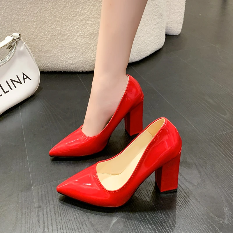 10cm High Heel Colorful Pumps Women\'s Shoes Pointed Toe Fashion Red 3.9inch Chunky Heels Patent Leather Female Plus Size 49 50