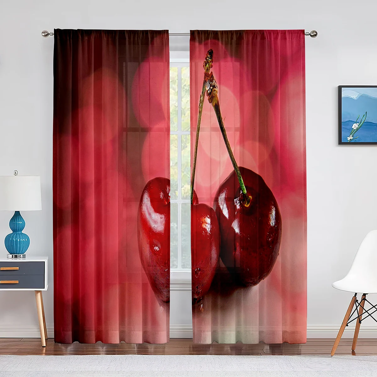 Fruit Cherry Pattern Design Pink Sheer Curtain for Living Room Home Kitchen Bedroom Window Decor Curtains 2panels Rod Pocket