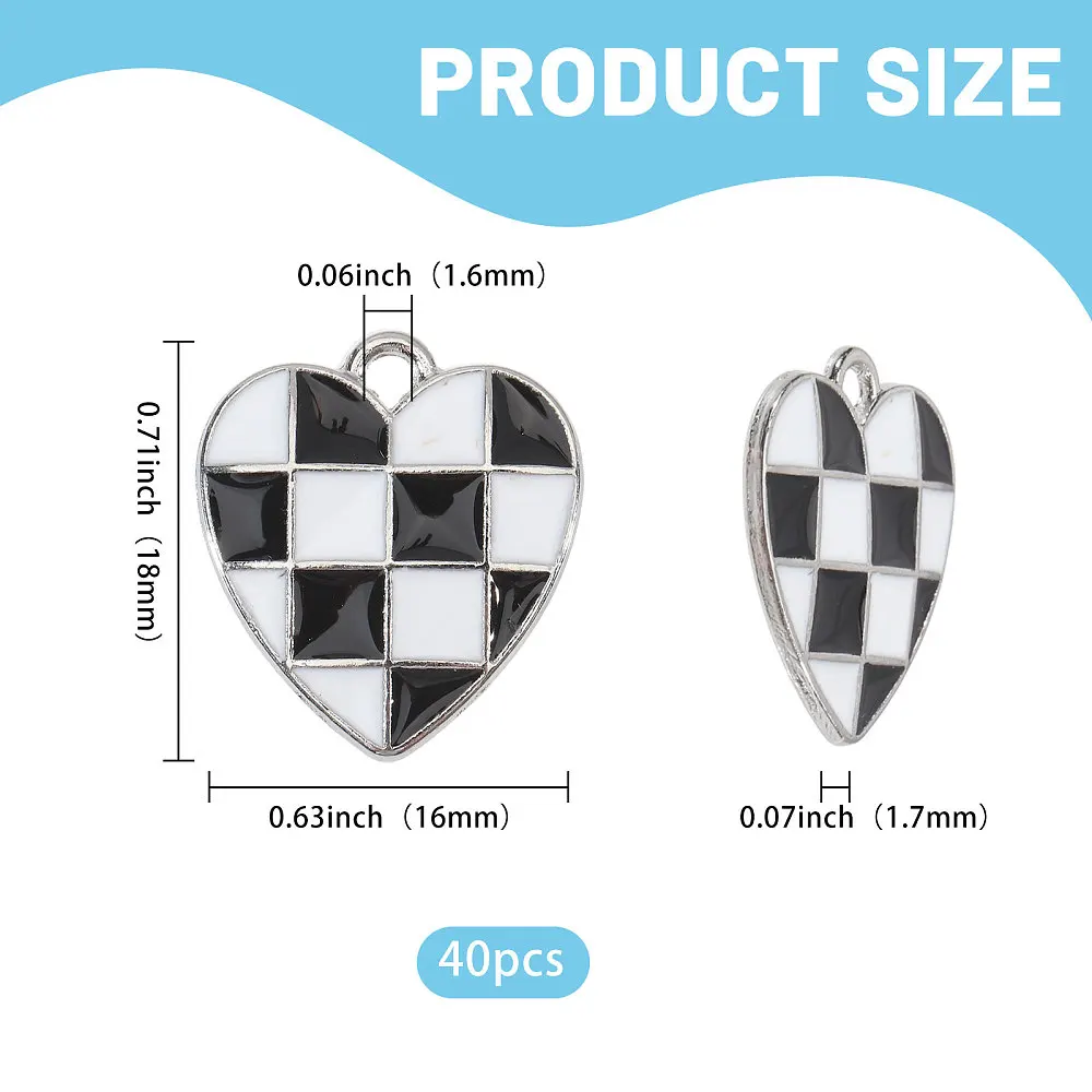 40 Pcs Checkered Charms Black and White Heart Charm Heart Alloy Tartan Pendants for Jewelry Making Metal Enamel Charms